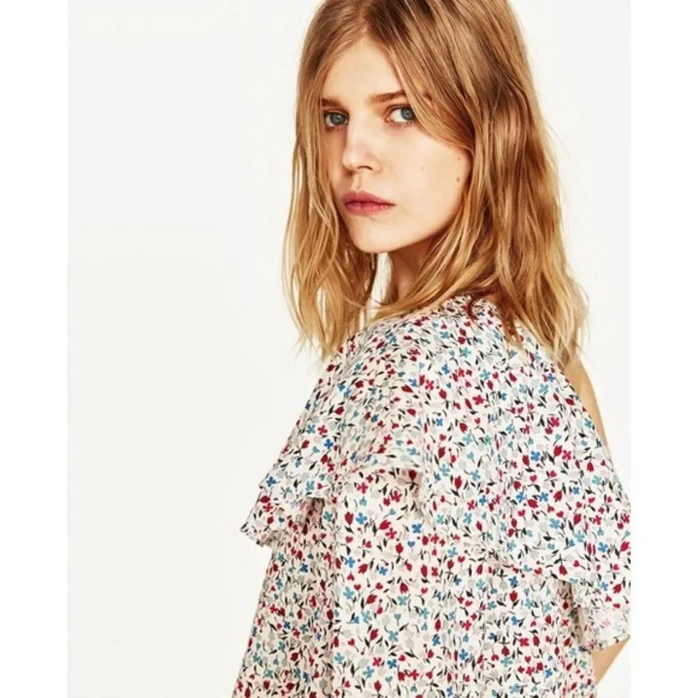 Zara White Floral Ruffle One Shoulder Blouse